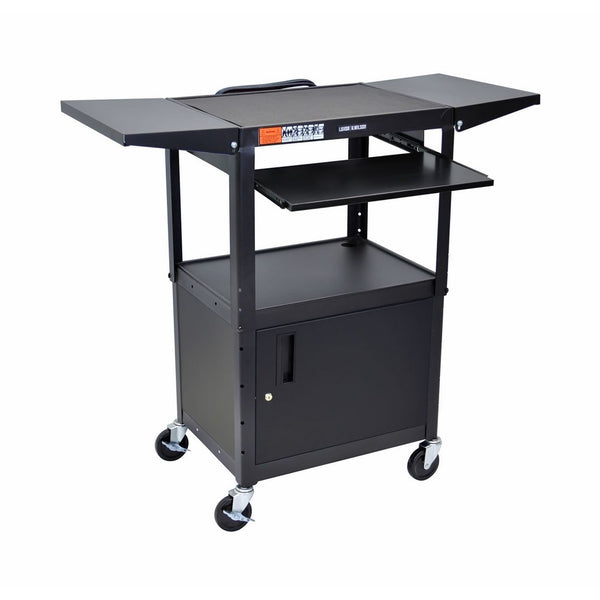 LUXOR AVJ42KBCDL Metal A/V Cart with Pullout Keyboard Tray, Cabinet and 2 Drop Leaf Shelves, Adjustable Height, Black