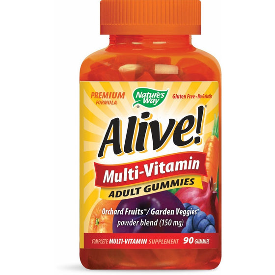 Nature's Way Alive! Adult Premium Gummy Multivitamin, Fruit and Veggie Blend (150mg per serving), Full B Vitamin Complex, Gluten Free, Made with Pectin, 90 Gummies