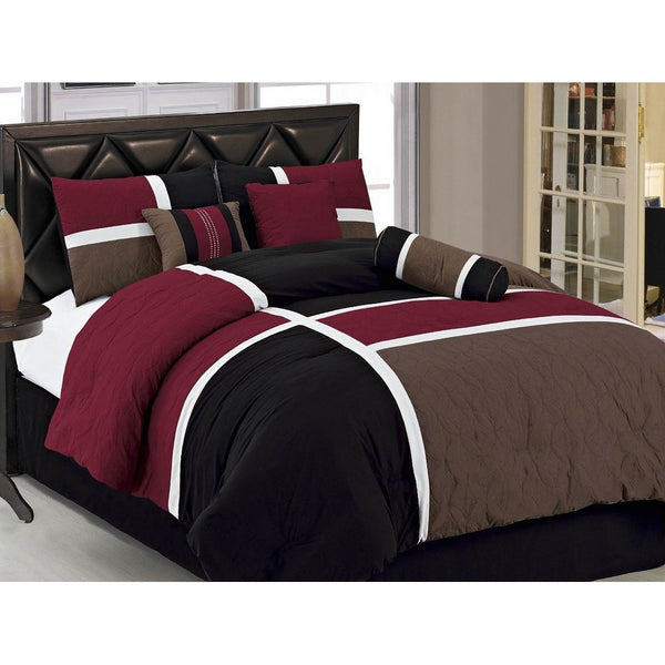 Chezmoi Collection 7-Piece Quilted Patchwork Comforter Set, Burgundy/Brown/Black, Full