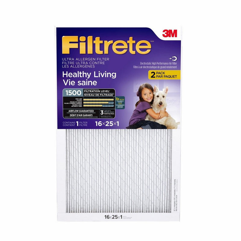 Filtrete MPR 1500 16 x 25 x 1 Healthy Living Ultra Allergen Reduction AC Furnace Air Filter, 2-Pack
