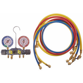Yellow Jacket 49960 Titan 4-Valve Test and Charging Manifold degrees F, bar/psi Scale, R-410A Refrigerant, Red/Blue Gauges
