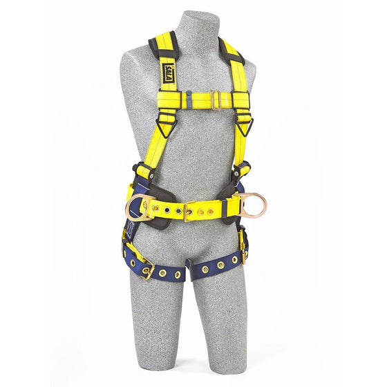 3M DBI-SALA Delta 1101654 Construction Harness, Back/Side D-Rings, Belt w/Sewn-In Back & Shoulder Pads, Tongue Buckle Leg Straps, Medium, Navy/Yellow