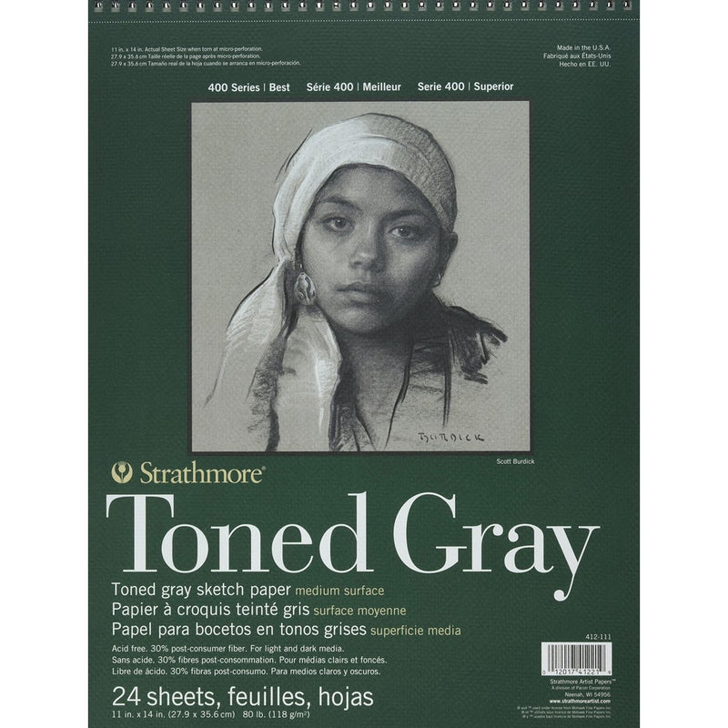 Strathmore 412-111 400 Series Toned Gray Sketch Pad, 11"x14" Wire Bound, 24 Sheets