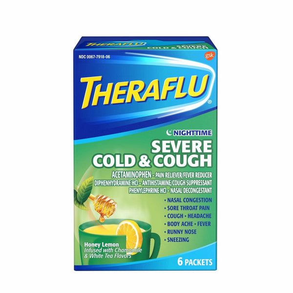 Theraflu Nighttime Severe Cold & Cough Honey Lemon Infused with Chamomile & White Tea Hot Liquid Powder for Cough & Cold Relief, 6 count