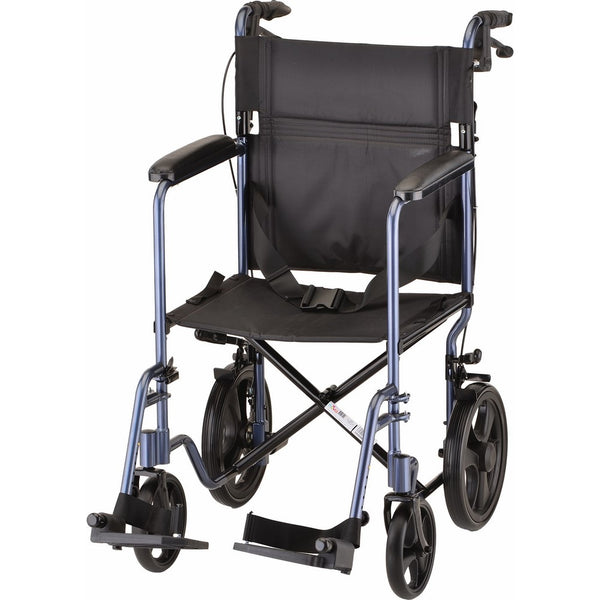 NOVA Medical Products 19" Lightweight Transport Chair with 12" Rear Wheels & Hand Brakes, Blue