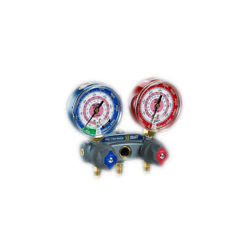 Yellow Jacket 49883 Manifold with Red/Blue Gauges, psi Scale, R-22/134A/404A Refrigerant