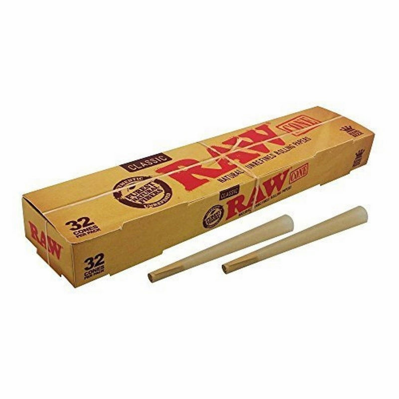 Raw Classic Natural Unrefined King Size PreRolled Rolling Paper Cones 32 Per Box