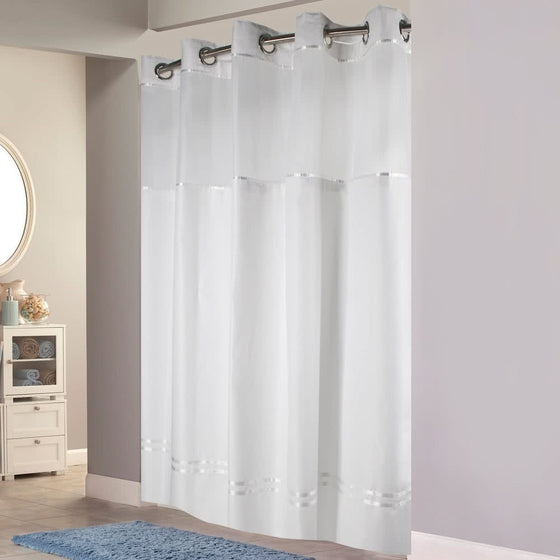 HOOKLESS ESCAPE SHOWER CURTAIN WITH SNAP-IN LINER, WHITE WITH WHITE STRIPE, 71 IN. X 77 IN.