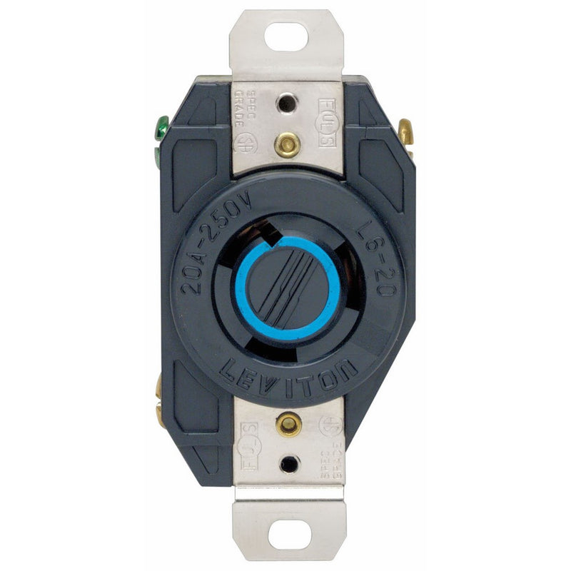 Leviton 2320 20 Amp, 250 Volt, Flush Mounting Locking Receptacle, Grounding, Industrial Grade, V-0-MAX, Black