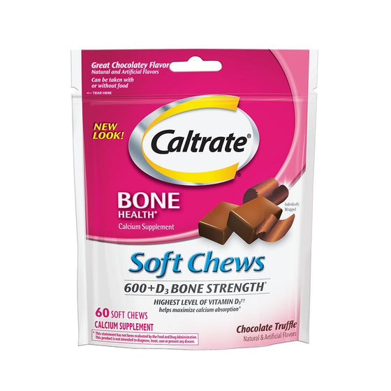 Caltrate 600D3 Soft Chews (Chocolate Truffle, 60 Count) Calcium and Vitamin D3 Chewable Supplement, 600mg