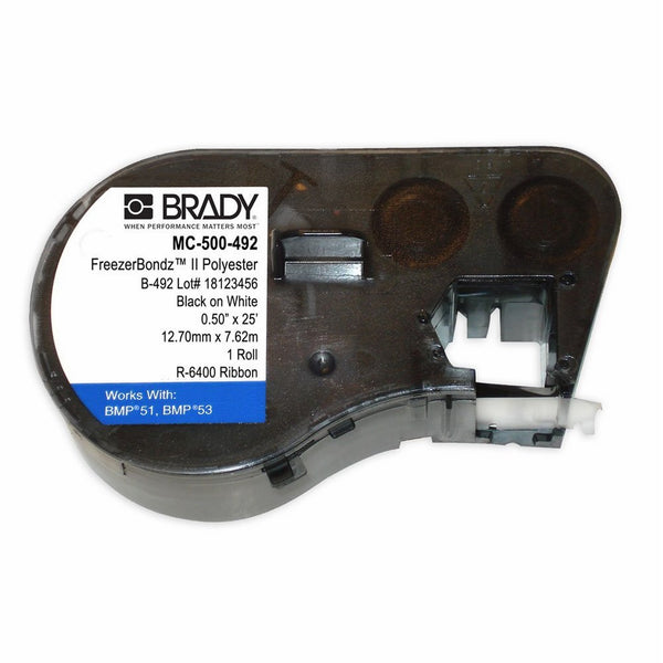 Brady MC-500-492 Polyester B-492 Black on White Label Maker Cartridge, 25' Width x 1/2" Height, For BMP51/BMP53 Printers