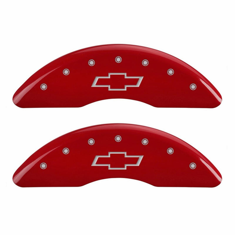 MGP Caliper Covers 14214SBOWRD 'Bowtie' Engraved Caliper Cover with Red Powder Coat Finish and Silver Characters, (Set of 4)