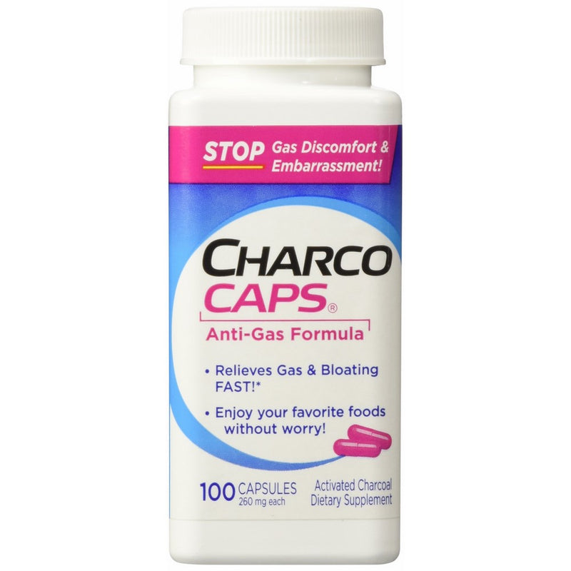 CharcoCaps Activated Charcoal Capsules 260mg each Anti-Gas Detoxifying Formula 100 Count; Get fast acting relief from gas, bloating, gastro-intestinal discomfort, and flatulence.