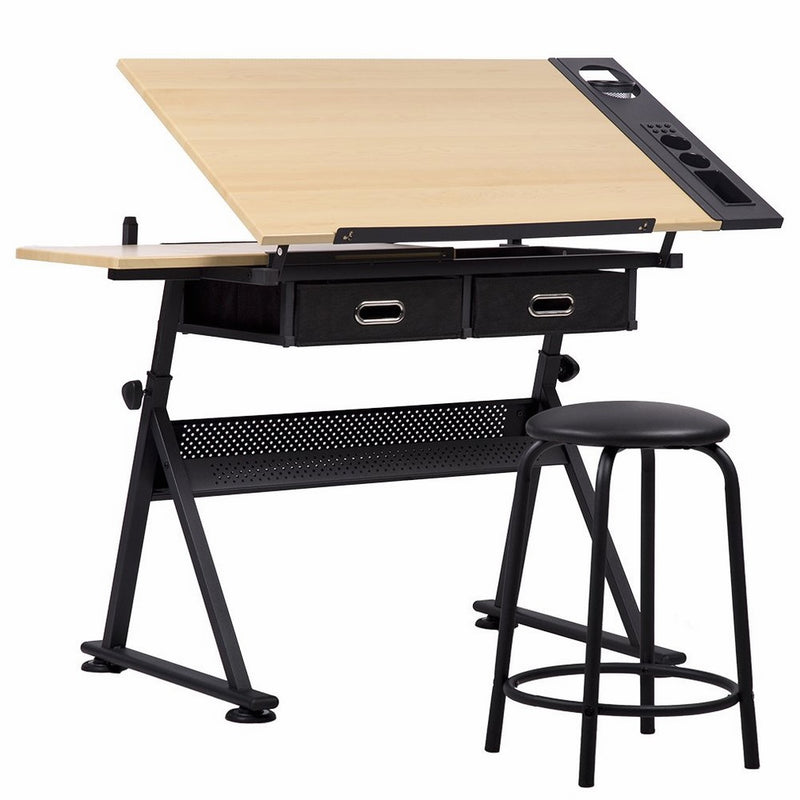 Office Drawing Desk Station Adjustable Drafting Table Set W/Stool Chair