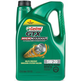 Castrol 03100 GTX High Mileage 5W-20 Synthetic Blend Motor Oil, 5 Quart