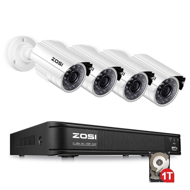 ZOSI 8-Channel HD-TVI 720P Video Security Camera System,DVR Recorder with 1TB Hard Drive and (4) 1.0MP 1280TVL Indoor/Outdoor Bullet Camera,IP66 Weatherproof Housing and IR Night Vision