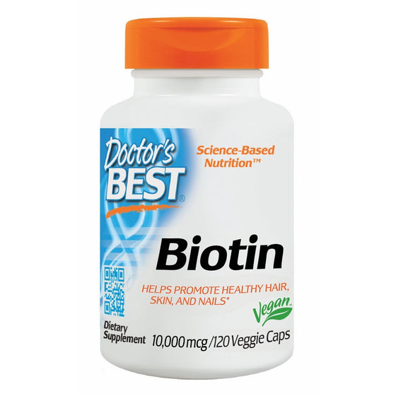 Doctor's Best Biotin, Non-GMO, Vegan, Gluten Free, Supports Hair, Skin, Nails, 10,000 mcg, 120 Veggie Caps