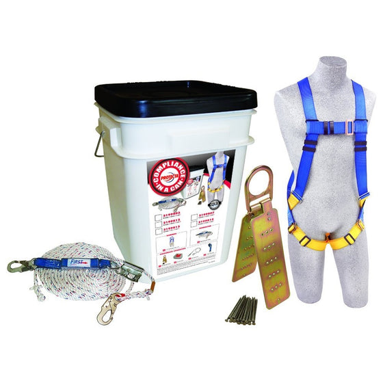 3M Protecta Compliance In A Can, 2199803, Roofers Kit, 5-Point Harness, Reusable Roof Anchor, Rope Grab, 50' Rope Lifeline, White Bucket