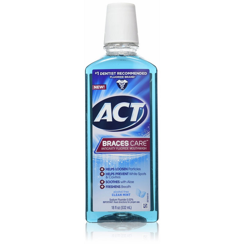 ACT Braces Care Anti-Cavity Fluoride Mouthwash, Clean Mint, 18 Ounce