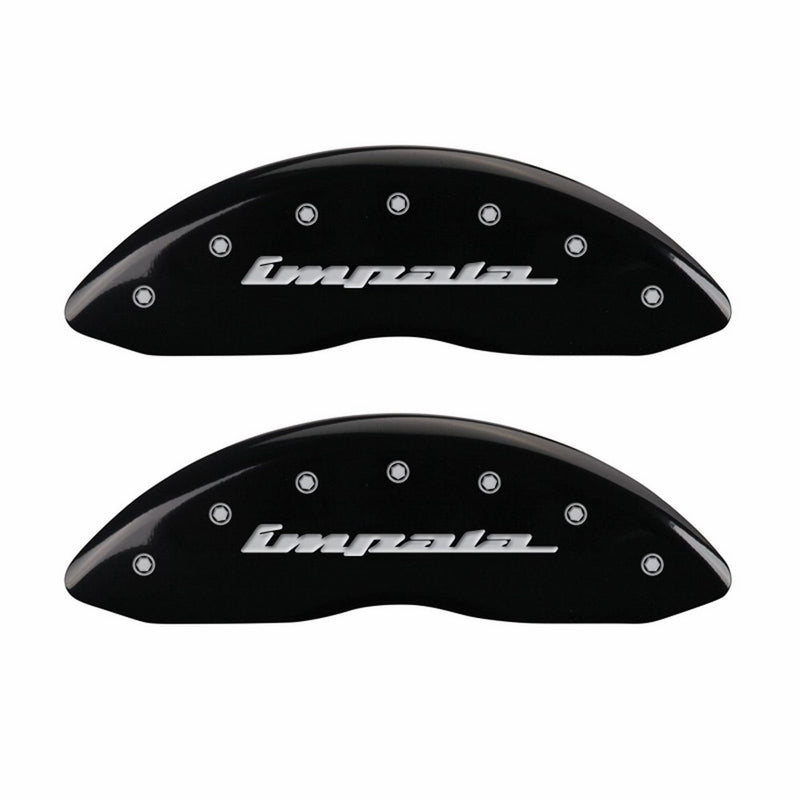 MGP Caliper Covers 14006SIMPBK 'IMPALA' Engraved Caliper Cover with Black Powder Coat Finish and Silver Characters, (Set of 4)