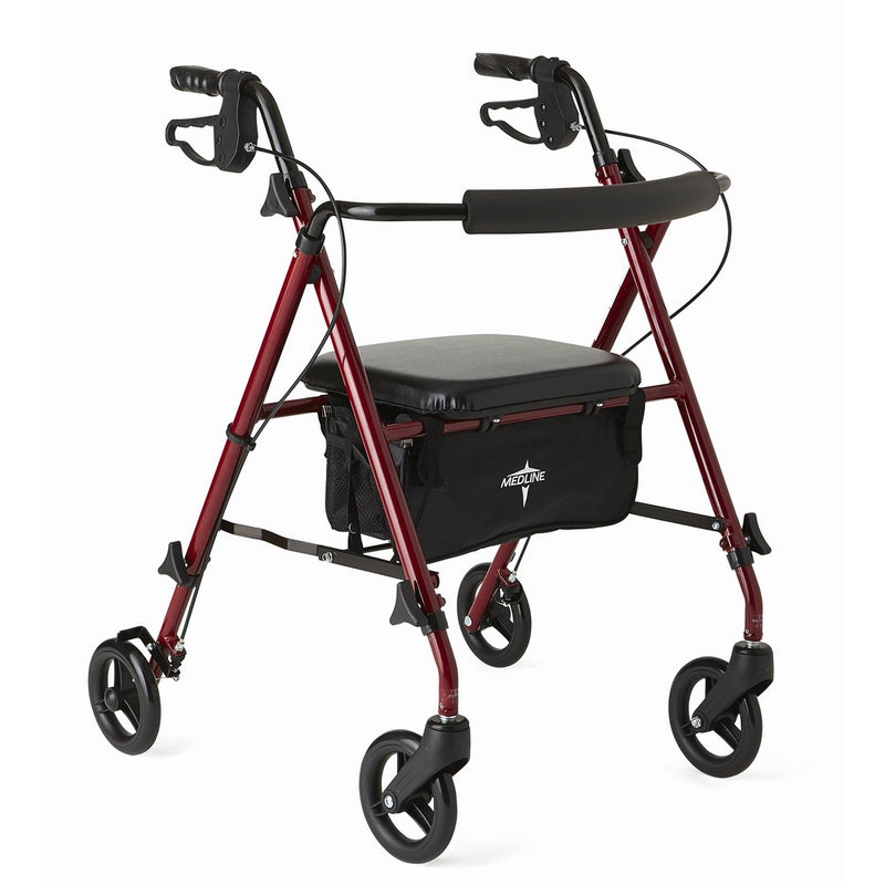 Medline Freedom Mobility Lightweight Folding Aluminum Rollator Walker with 6-inch Wheels, Adjustable Seat and Arms, Burgundy