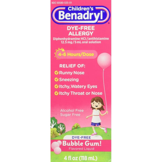 Children's Benadryl Dye-Free Allergy Liquid with Diphenhydramine HCl, Bubble Gum Flavor, 4 fl. oz