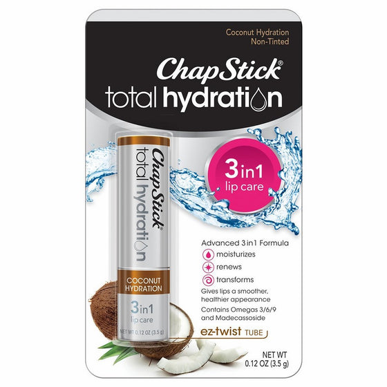 ChapStick Total Hydration (Coconut Hydration Flavor, 1 Blister Pack of 1 Stick) Flavored Lip Balm Tube, 3 in 1 Lip Care, Contains Omegas 3/6/9, 0.12 Ounce