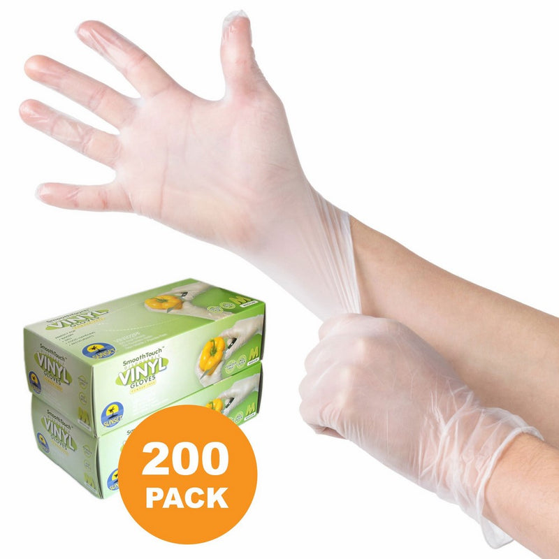 200 Disposable Viny Gloves, Non-Sterile, Poweder Free, Smooth Touch, Food Service Grade, Medium Size [2x100 Pack]
