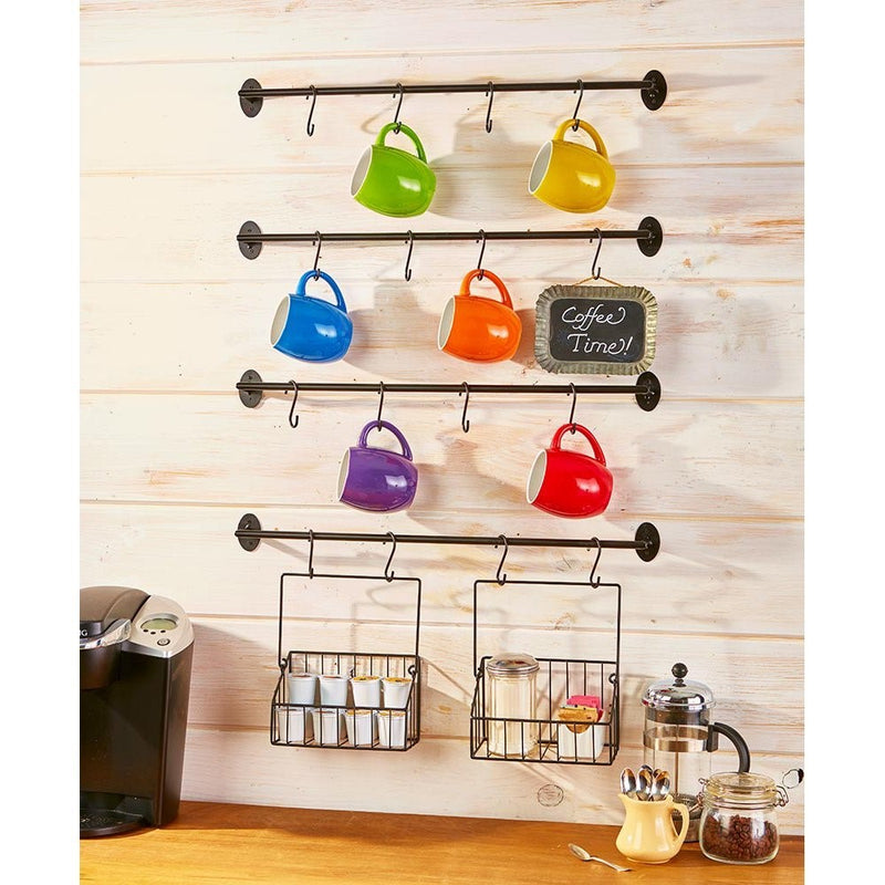 6-Pc. Wall-Mounted Coffee Mug Rack. Holds 12 Mugs. Steel