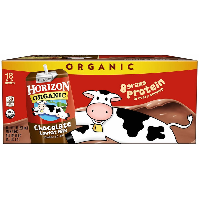 Horizon Organic, Lowfat Organic Milk Box, Chocolate, 8 Ounce (Pack of 18), Single Serve, Shelf Stable Organic Chocolate Flavored Lowfat Milk, Great for School Lunch Boxes, Snacks