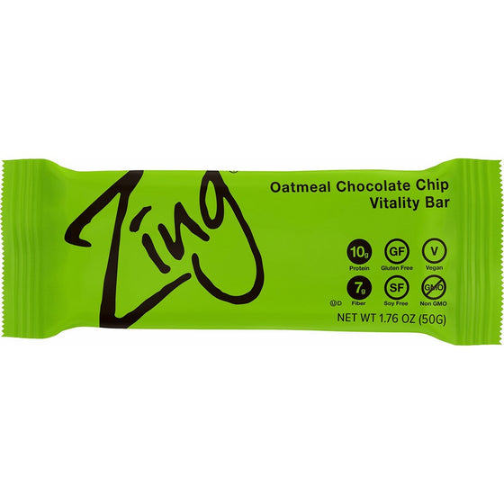 Zing Nutrition Bar, Oatmeal Chocolate Chip, (Pack of 12), Non-GMO Snack Bar for Optimum Energy, Gluten & Soy Free, Plant-Based Protein