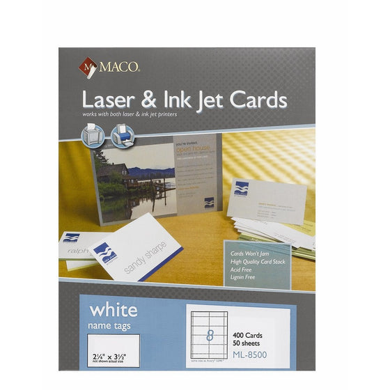 MACO Laser/Ink Jet White Name Tags, 2-1/8 x 3-1/2 Inches, 8 Per Sheet, 400 Per Box (ML-8500)