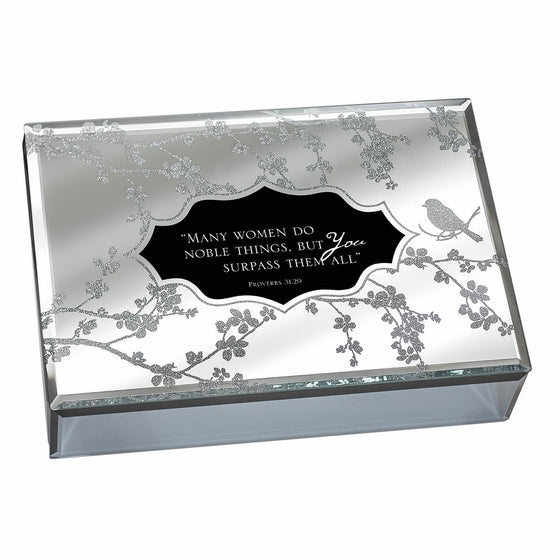 Many Women Do Noble Things Proverbs 31:29-30 Large Deluxe Glass Mirror Jewelry Music Box - Plays Song How Great Thou Art