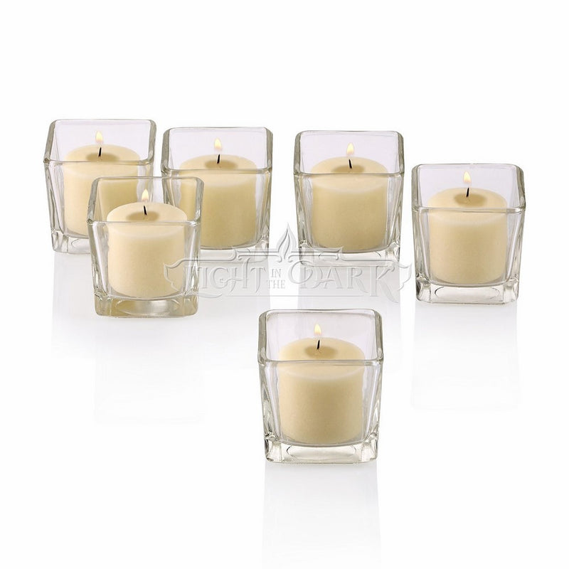 Clear Glass Square Votive Candle Holders With Ivory votive candles Burn 10 Hours Set of 72