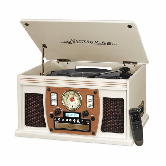 Victrola Nostalgic Aviator Wood 8-in-1 Bluetooth Turntable Entertainment Center, White