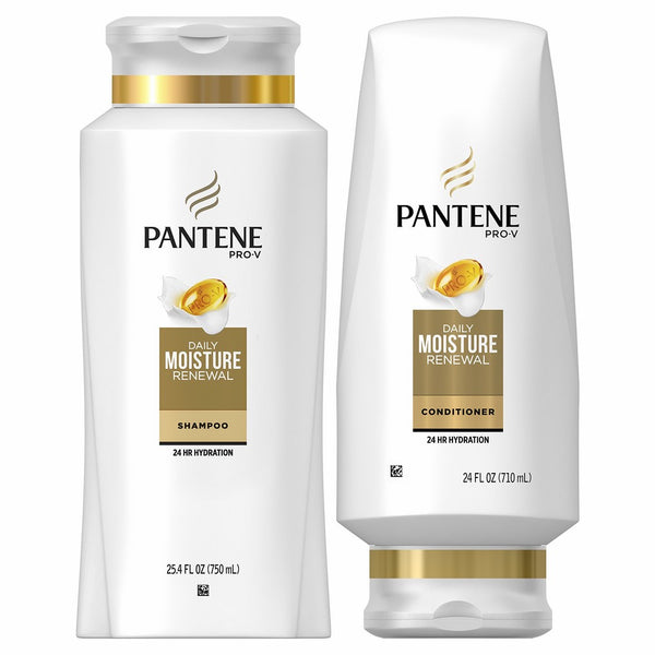 Pantene Moisturizing Shampoo 25.4 OZ and Sulfate Free Conditioner 24 OZ for Dry Hair, Daily Moisture Renewal, Bundle Pack (Packaging May Vary)