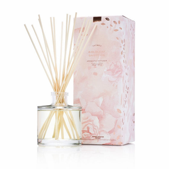 Thymes Goldleaf Gardenia Aromatic Oil Reed Diffuser - Gift Set with Premium Sticks, Glass Bottle and Scented Oil - 6.5 oz