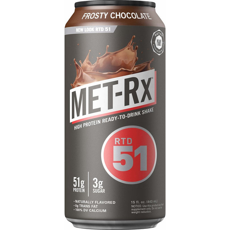 MET-Rx RTD 51, Frosty Chocolate, 15 oz. (12 count), Convenient Ready To Drink Protein Shake with 51 g of Protein, BCAAs, and Other Amino Acids and Vitamins, Great for Post-Workout Recovery