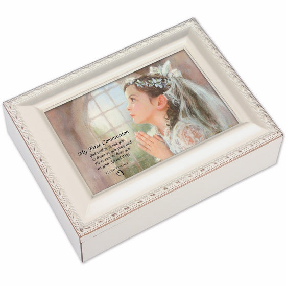 First Communion Girl Ivory Jewelry Music Box Plays Tune Ave Maria