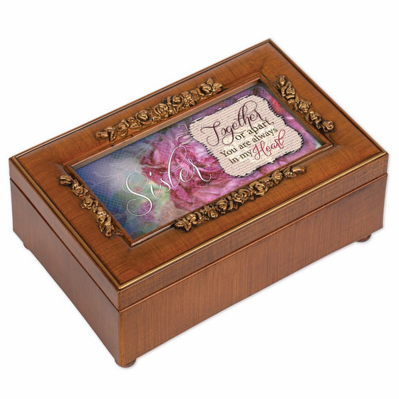 Cottage Garden Sister Faux Woodgrain Petite Rose Music Jewelry Box Plays Wonderful World