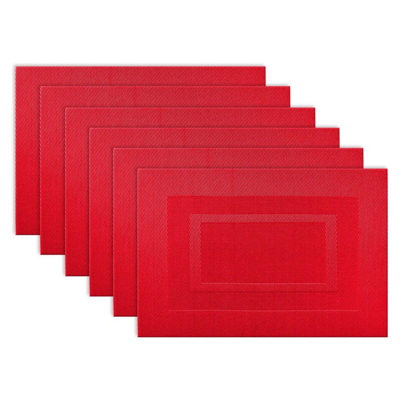 DII Everyday, Easy to Clean Indoor/Outdoor Woven Vinyl Double Border Placemats, 13x18, Tango Red - Set of 6