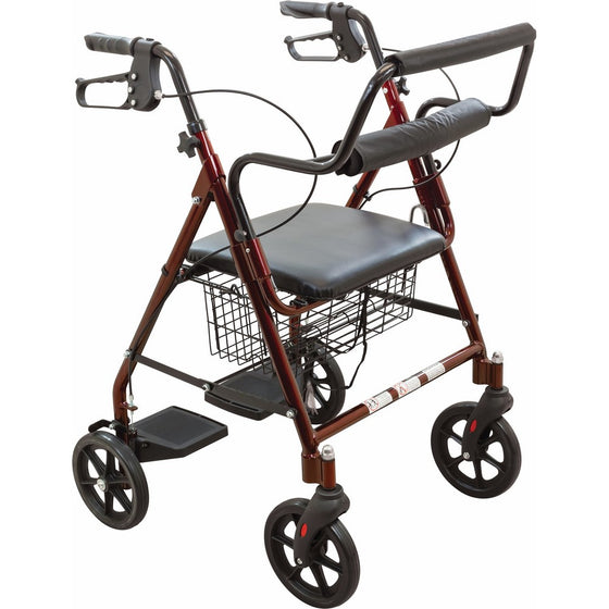 ProBasics Transport Rollator with Padded Seat, Burgundy, Easy Folding System, 8 Inch Wheels, Weight Capacity: 250 Pounds