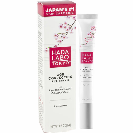 Hada Labo Tokyo Age Correcting Eye Cream 0.5 Fluid Ounce - with Super Hyaluronic Acid, Caffeine, Collagen and Light Diffusing Pigments - lightweight anti-aging eye cream, non-greasy, fragrance free