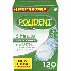 Polident 3 Minute Triple Mint Antibacterial Denture Cleanser Effervescent Tablets, 120 count