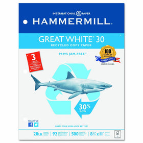 Hammermill Printing Paper, Great White Recycled Copy, 20lb, 8.5x11, Letter,3-Hole Punch, 92 Bright, 500 Sheets / 1 Ream (086702R) Made In The USA