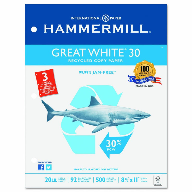 Hammermill Printing Paper, Great White Recycled Copy, 20lb, 8.5x11, Letter,3-Hole Punch, 92 Bright, 500 Sheets / 1 Ream (086702R) Made In The USA