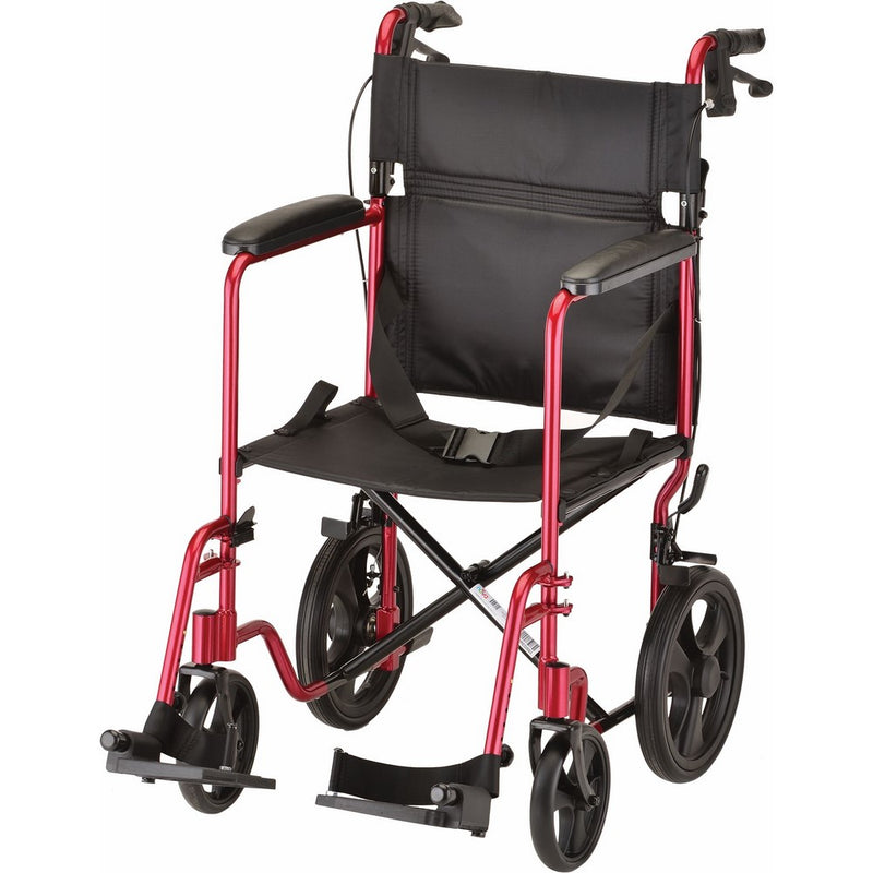 NOVA Medical Products 19" Lightweight Transport Chair with 12" Rear Wheels & Hand Brakes, Red