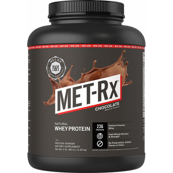 MET-Rx Natural Whey Protein Powder, Chocolate, 5 lb, Easy Mix Protein Powder, 23 g Protein, 5g BCAAs from Ultra Filtered Whey Protein, For Pre/Post Workout, Gluten Free