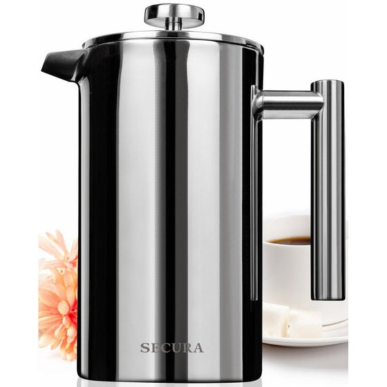 Secura Stainless Steel French Press Coffee Maker 18/10 Bonus Stainless Steel Screen (1000ML)