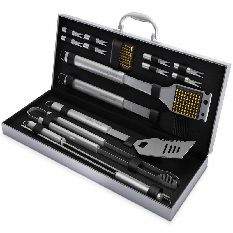 BBQ Grill Tools Set with 16 Barbecue Accessories - Stainless Steel Utensils with Aluminium Case - Complete Outdoor Grilling Kit